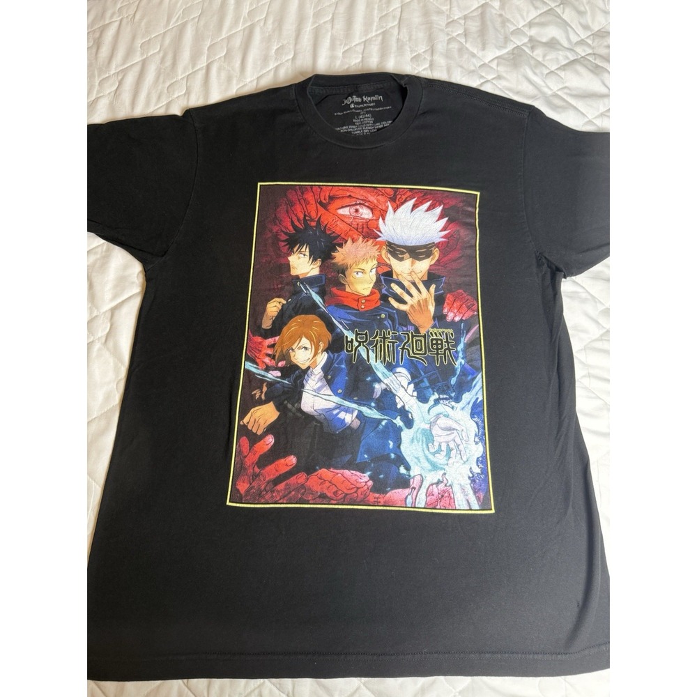 Jujutsu Kaisen Anime T-Shirt Size L 21" PTP 28" Length Crunchyroll‎ Black Tee